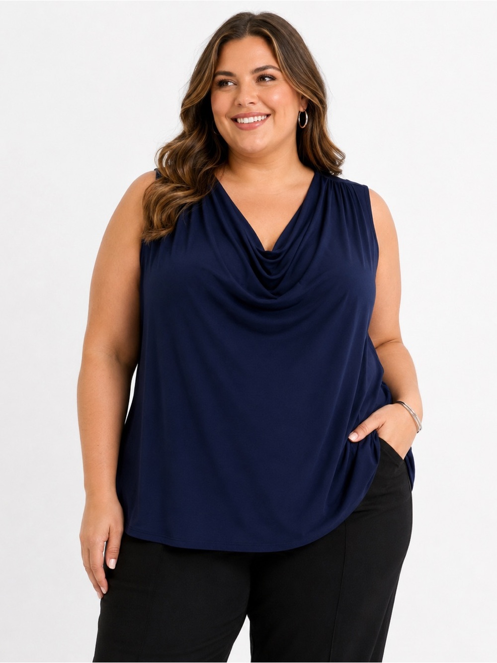 Cato Plus Size 26/28W Navy Cowl Neck Sleeveless Blouse